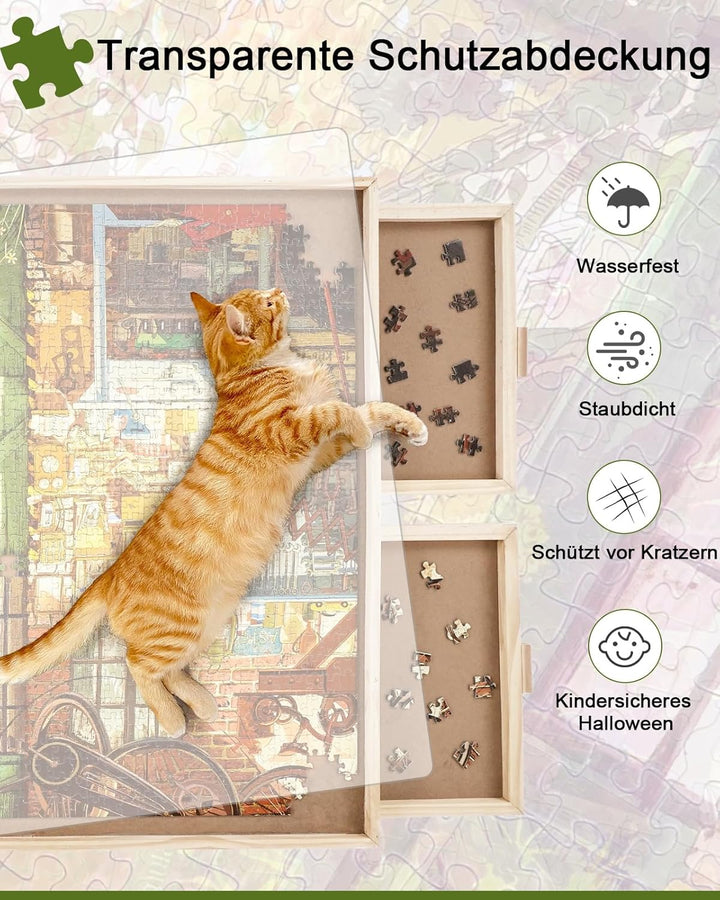 2000-Teile-Drehbares Puzzlebrett mit Schubladen und Abdeckung, 72,4 x 102 cm Tragbarer Holz-Puzzleti