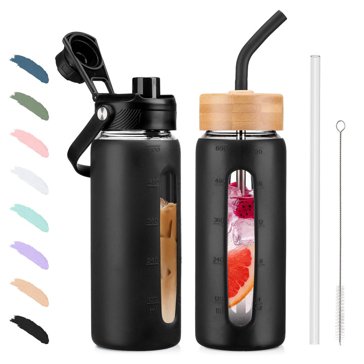 BLUEGO 600ml Glaswasserflasche mit Strohhalm und 2 Deckeln Kaffeetasse aus Glas mit Zeitmarkierung u