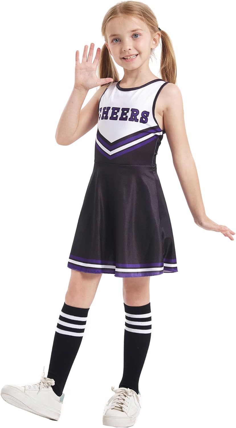 LOLANTA Cheerleader Kostüm Kinder, Cheerleadering Outfit Mädchen mit Pompons(6-7 Jahre,Schwarz,Tag 1