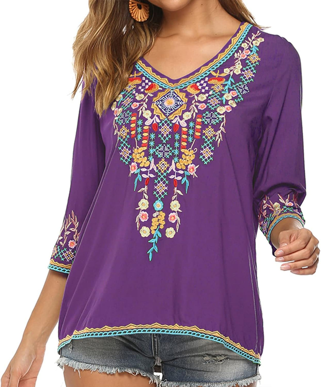 Hippie Kleidung Damen Bohemian Folklore Stickerei Bluse 3/4 äRmel V Ausschnitt Tunika Sommer LäSsige
