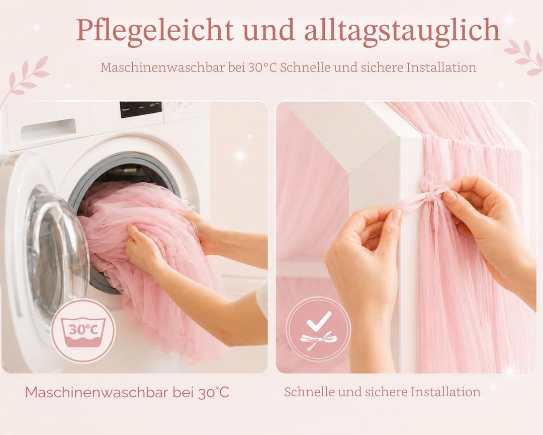 Baby Fancyroom Betthimmel für Hausbett, Bettvorhang aus Tüll, Beige, 2er Set mit Schleifen und Pompo