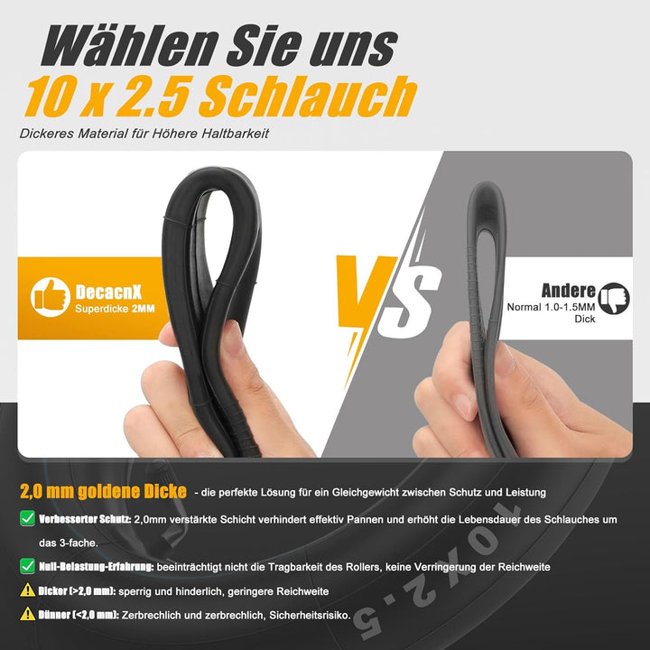 E Scooter Schlauch 10x2.50, 60/70-6.5 Schlauch Dickwandig & Haltbarem mit Silberne Ventil 90°, 10 Zo