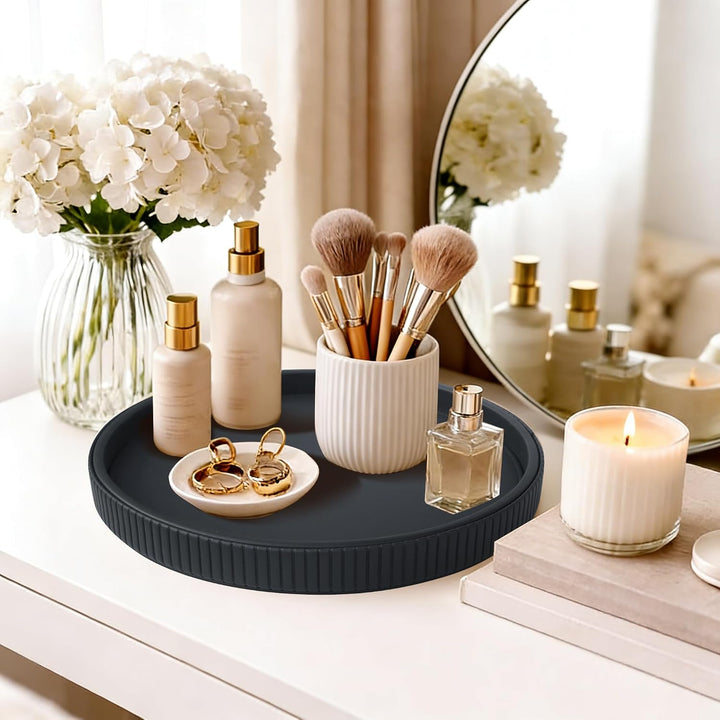 HofferRuffer Round Serving Tray, Leather Decorative Tray 30cm,Black Schwarz, Schwarz