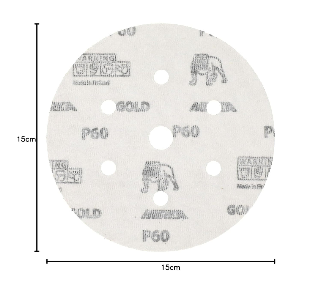 Mirka Gold Universal-Schleifpapier Ø 150mm Klett 7-Loch, Korn P60, 50 Stk / Zum Schleifen von Gips,
