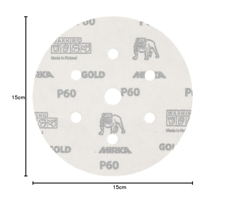 Mirka Gold Universal-Schleifpapier Ø 150mm Klett 7-Loch, Korn P60, 50 Stk / Zum Schleifen von Gips,