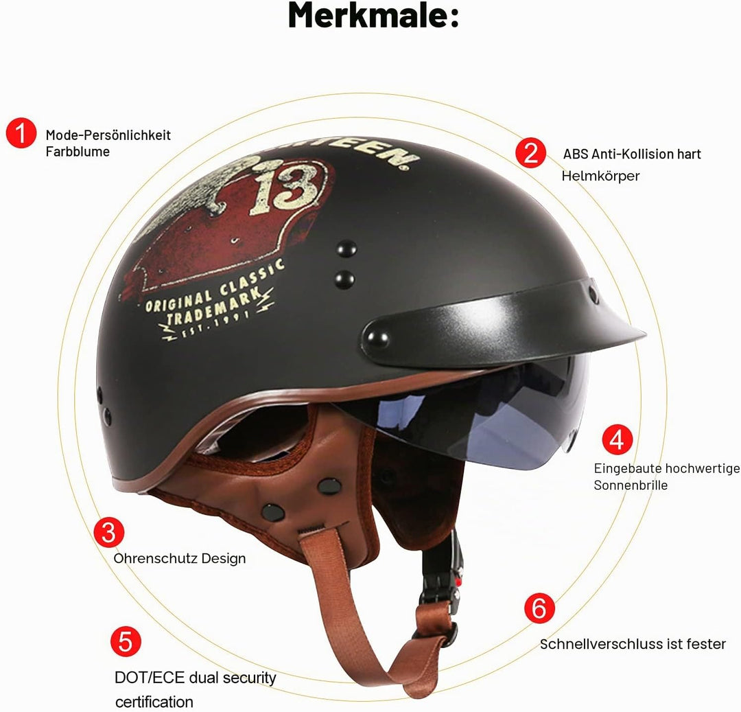 BOSERMEM Motorradhelm Mit Schutzbrille DOT/ECE-Zugelassen, Jethelm Roller-Helm Scooter-Helm Moped Mo