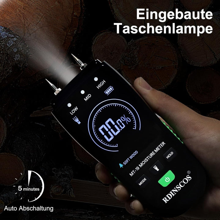 Holzfeuchtemessgerät Brennholz RDINSCOS Holz Feuchtigkeitsmesser Hold-Funktion Feuchtigkeitsmessgerä