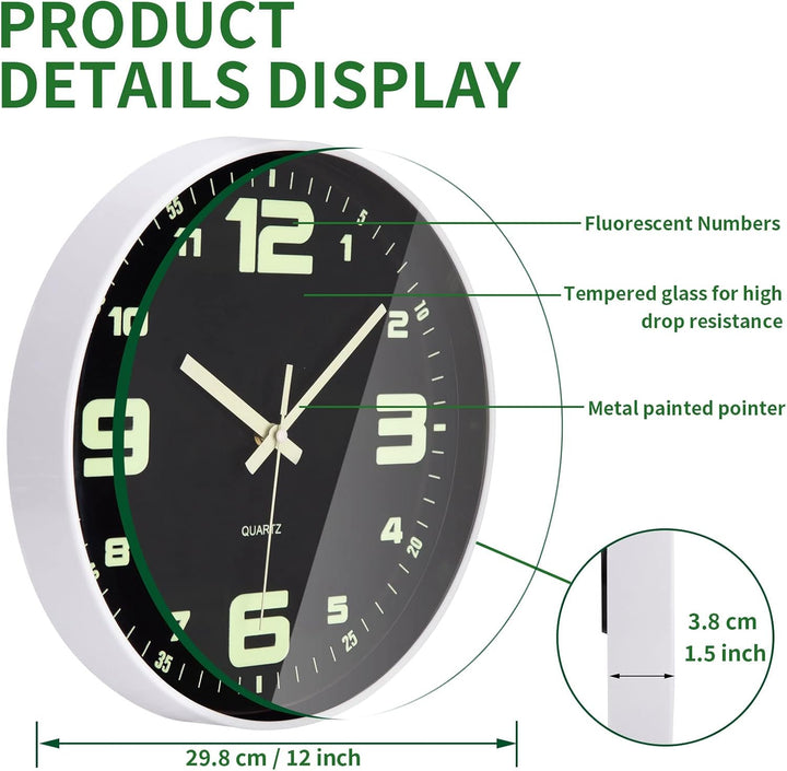 VIVILINEN Wanduhr Leuchtend mit Grossen Zahlen Wanduhr Ohne Tickgeräusche Quartzuhr Rund Batteriebet