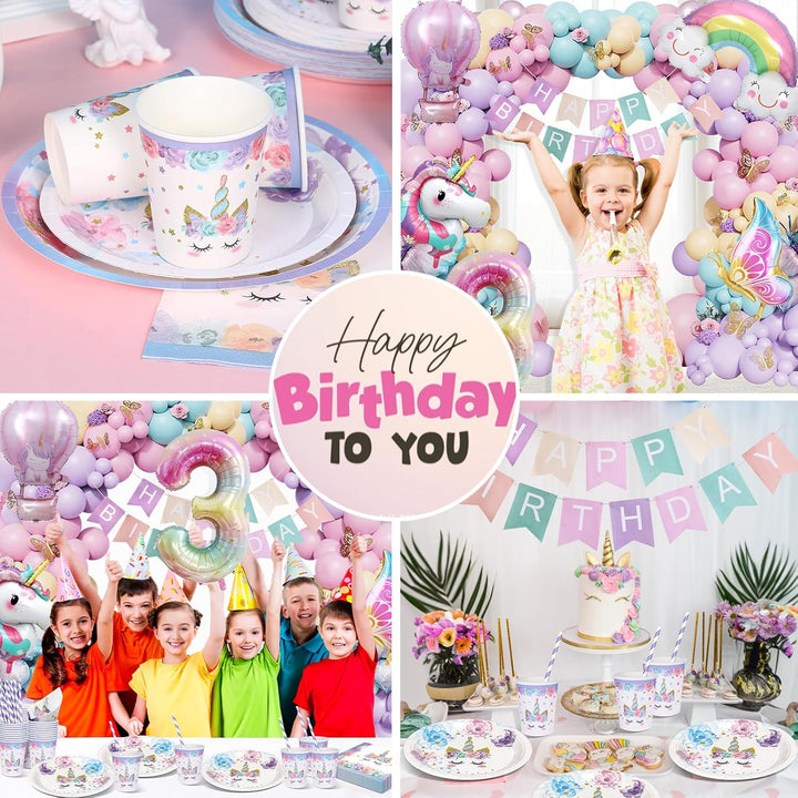 Einhorn Partygeschirr Set, Geburtstag Party Geschirr Deko, Pappteller Kindergeburtstag mit Einhorn L