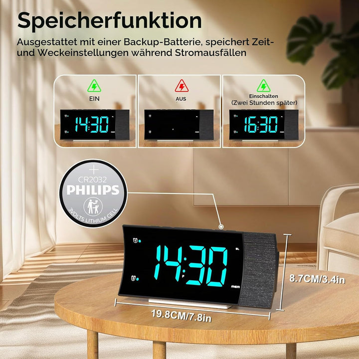 Radiowecker mit Projektion, Projektionswecker Digitaler Wecker, 180°Projektor, Grosser LED-Anzeige,