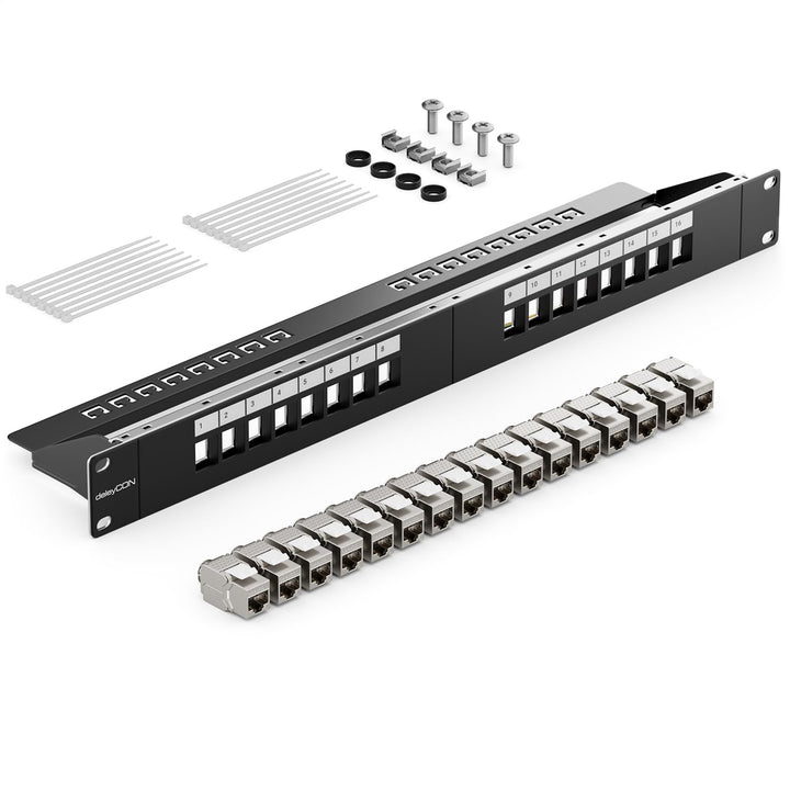deleyCON 16 Port Patchpanel Set Patchfeld Modular 1 HE 19" Zoll Rackeinbau + 16x RJ45 Keystone Modul
