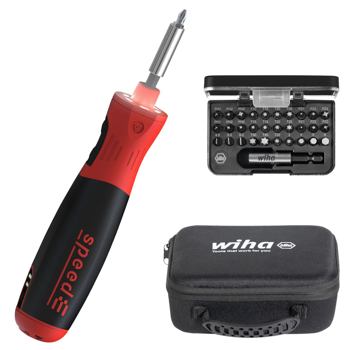Wiha elektrischer Schraubendreher speedE PocketDrive 31-tlg. I mit Bit-Set in Box und Tasche I 1,0 N