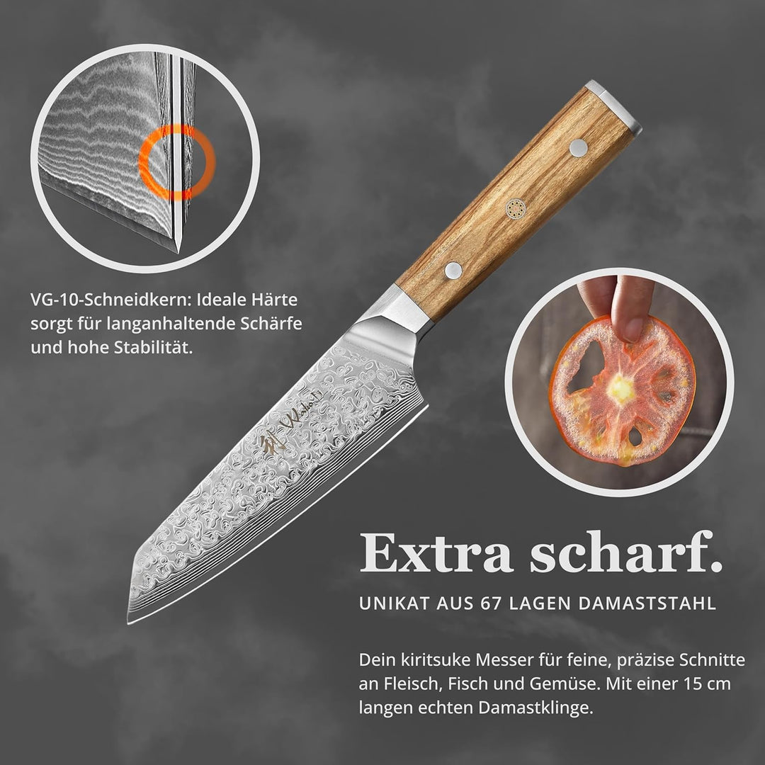 Wakoli Oribu Kiritsuke Kleines Chefmesser 15 cm extrem scharfe Klinge aus 67 Lagen I Damast Küchenme