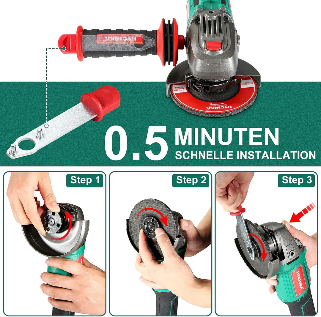 Winkelschleifer, HYCHIKA 18V Akku-Winkelschleifer 8500 U/min mit 3 Schleifscheiben, 4,0-Ah-Akku, Hil