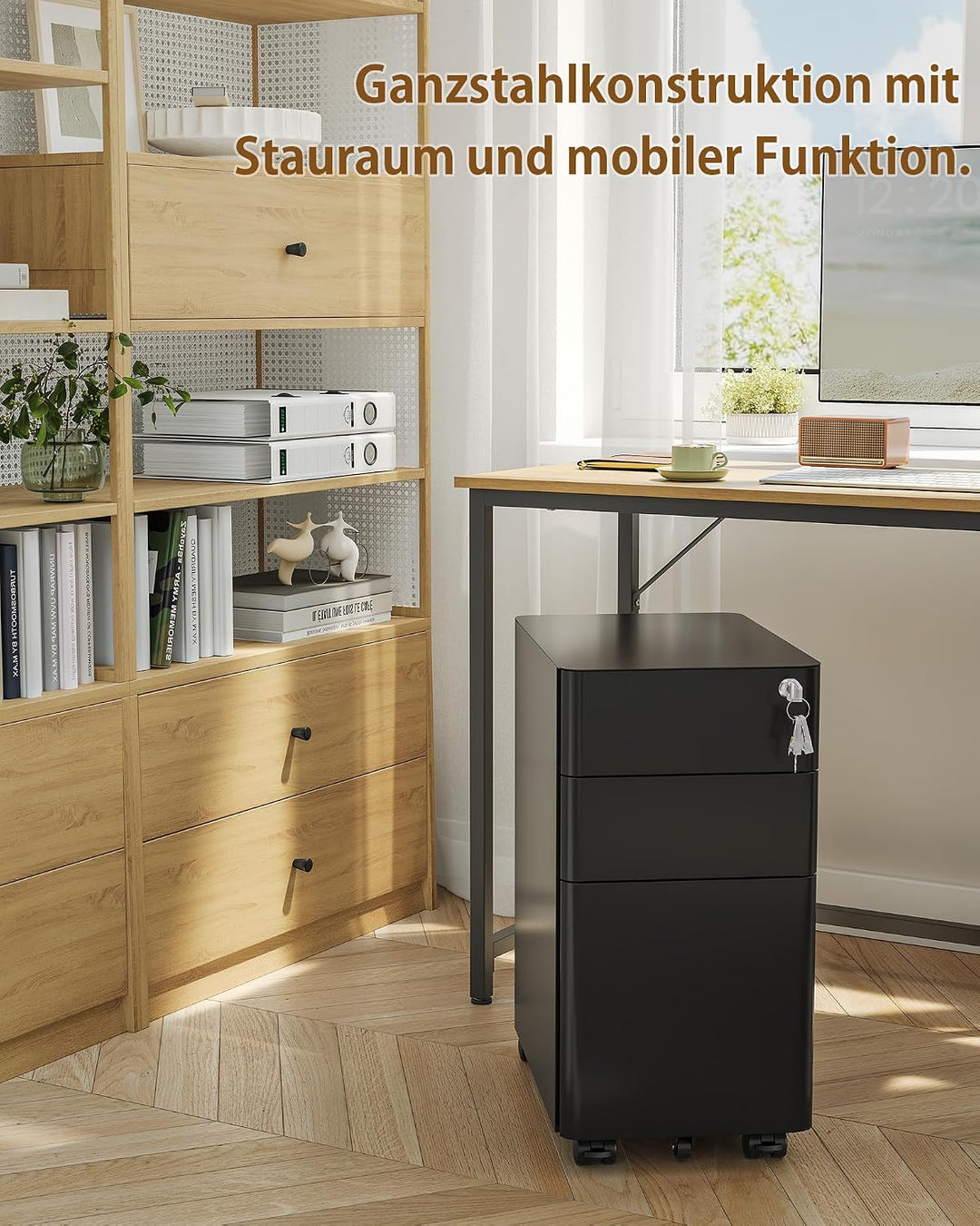 Rollcontainer, Mobiler Aktenschrank mit Schloss, Abgerundeten Ecken, 4 Schlüssel, Druckertisch, Bere