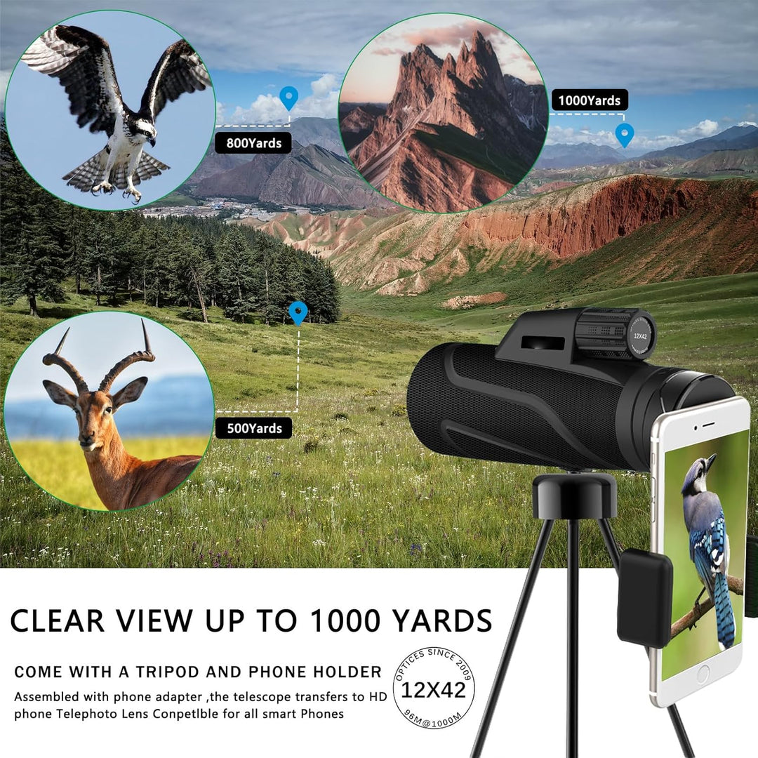 12x42 Zoom Fernrohr monokular, Mono fernglas Erwachsene, mit Smartphone Halter Stativ,für Wildtiere