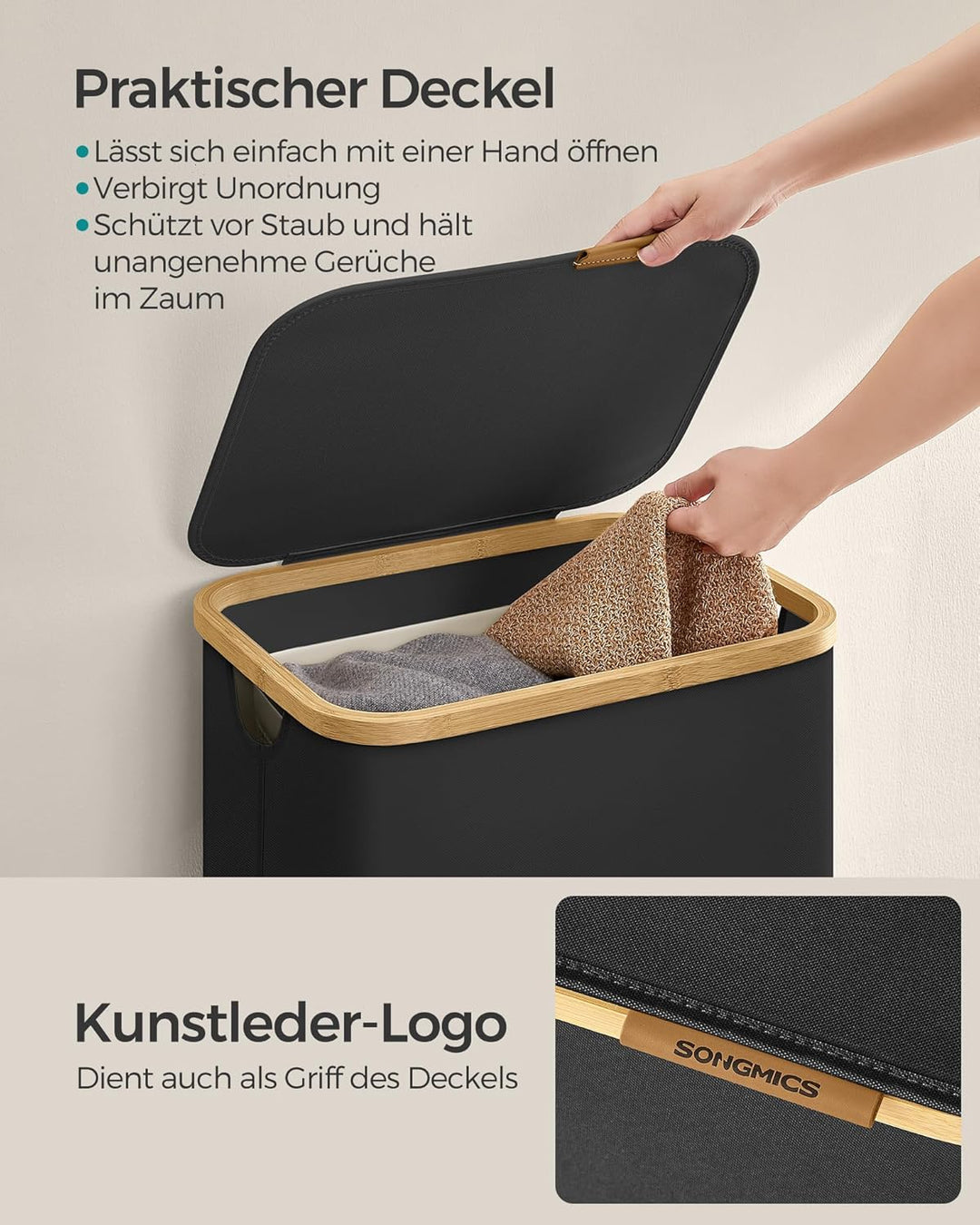 SONGMICS Wäschekorb mit Deckel, Wäschesammler 90 L, herausnehmbarer Wäschesack, Oxford-Gewebe, Griff