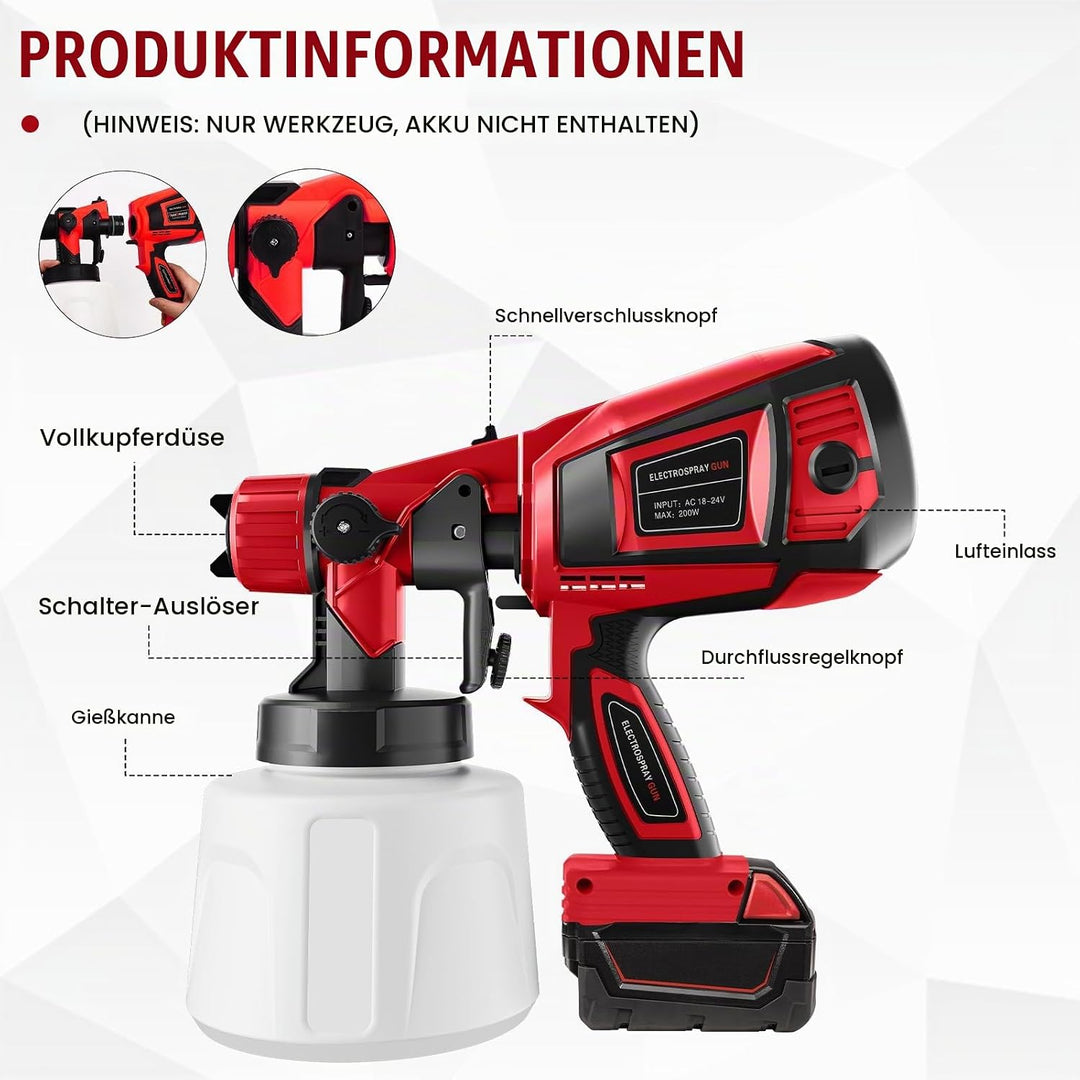 Akku Farbsprühsystem kompatibel mit Milwaukee M18 18V Akku, Akku Farbspritzgerät mit 1000ml Farbbehä