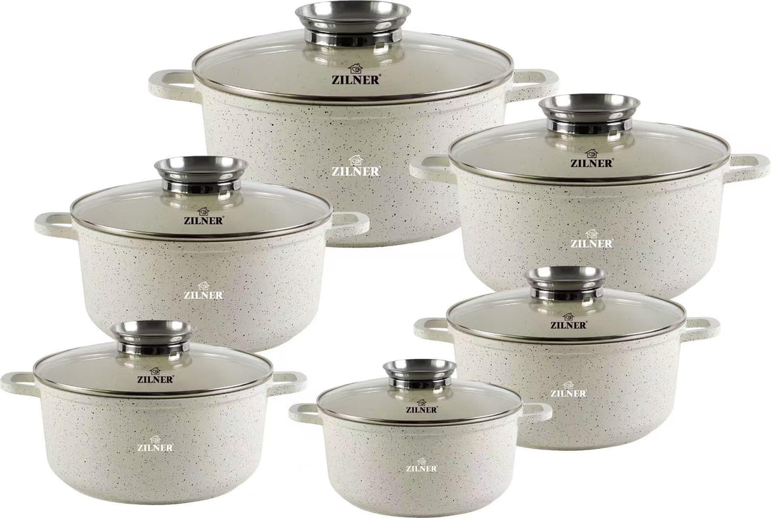Zilner Topfset - Kochtopf set 12-teilig - Marmorbeschichtung und Keramikbeschichtung - mit Glasdecke