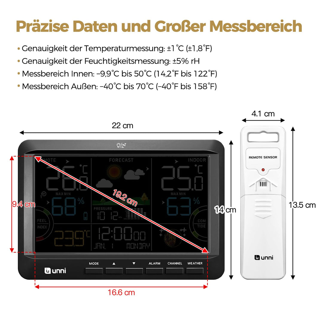 Funk Wetterstation mit Aussensensor Batteriebetrieb und Netzbetrieb mit DCF Funkuhr， Wettervorhersag