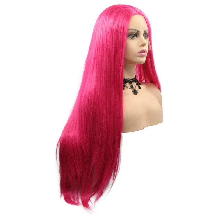 Hellrosa Perücke, lang, glatt, synthetische Lace-Front-Perücke für Damen, Hot Red Pink, halb handgek