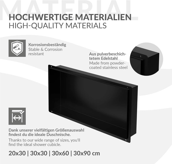 LuxeBath Wandnische aus Edelstahl, 60x30x10 cm, Schwarz, Duschnische, Randlos, Einbauregal, Flexible