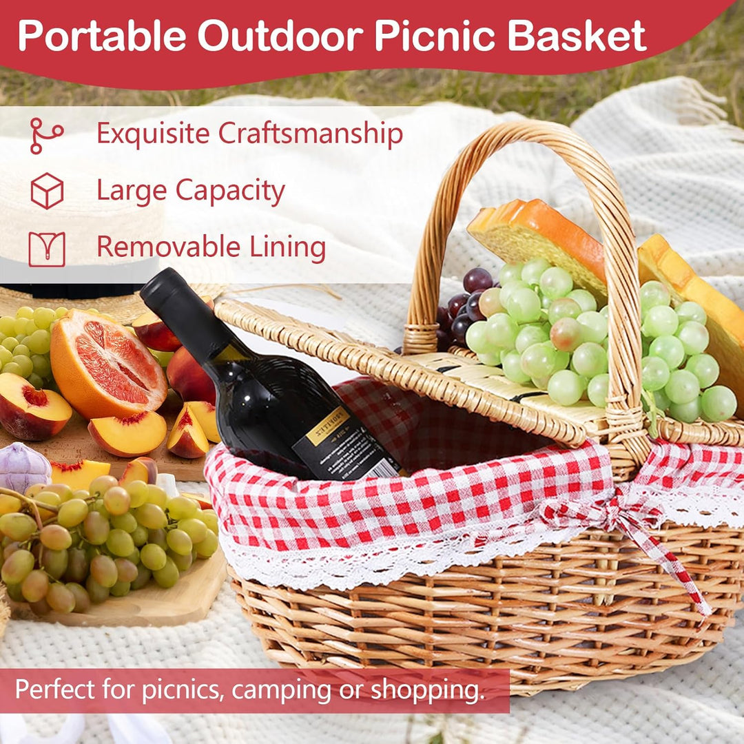 Weide Picknickkorb, Tragbarer Picknickkorb für den Aussenbereich mit Deckel und Griff, Geflochtener