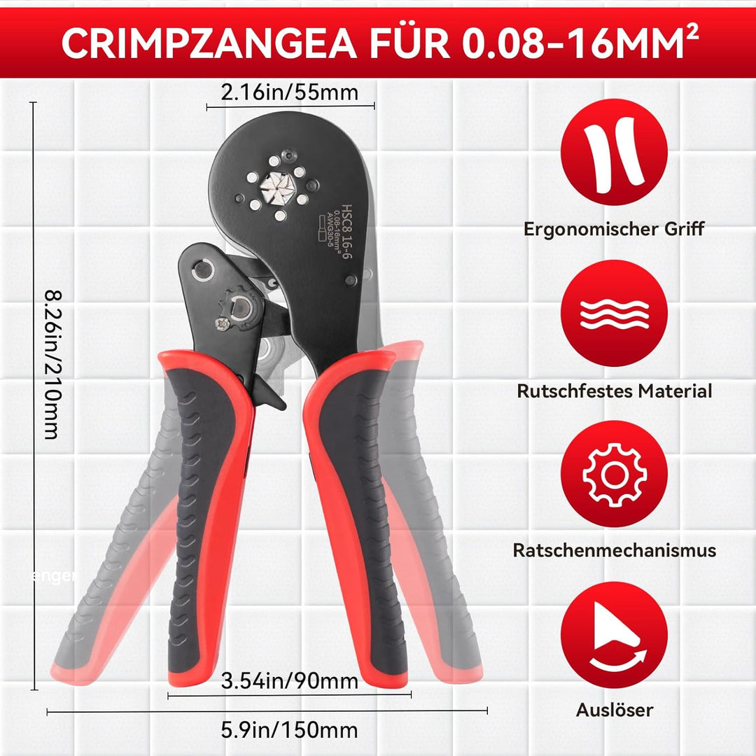 Donken Crimpzange 0.08-16mm² Set, Aderendhülsenzange Crimp Zange Sechskant Presszange mit 1200 Stück