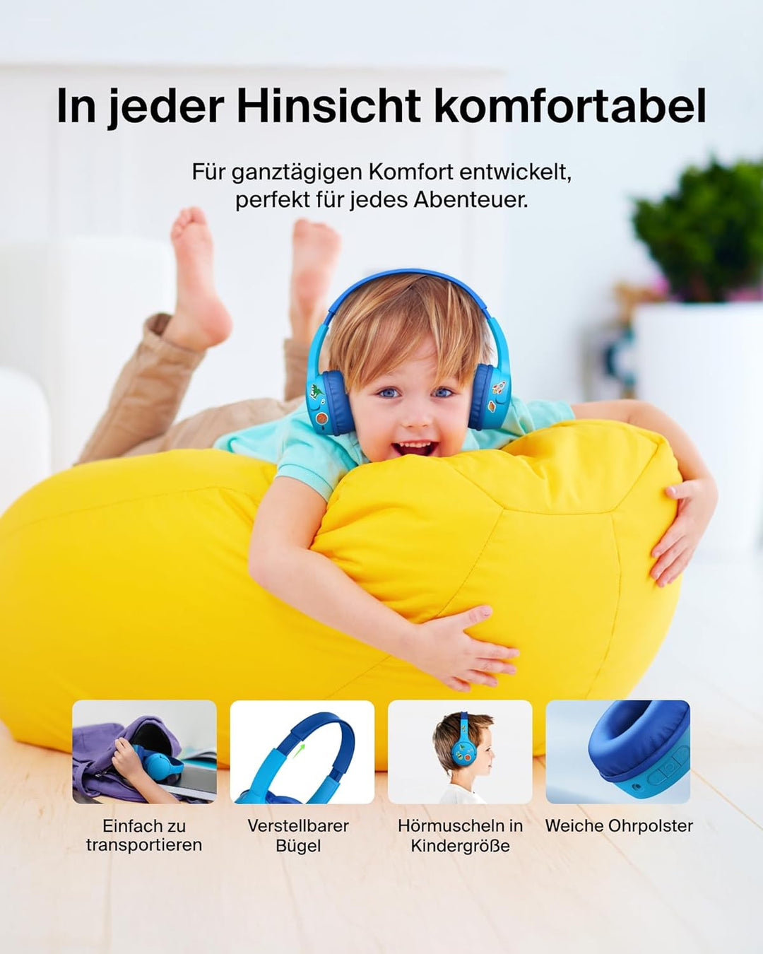 Belkin SoundForm Mini kabelloser Kinderkopfhörer mit integriertem Mikrofon und lustigen Aufklebern,
