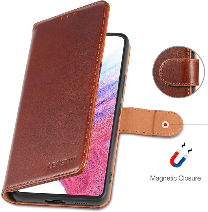 LENSUN Echtleder Hülle für Samsung Galaxy A53, Handyhülle [Echtes Leder] [Magnetverschluss] [RFID Sc