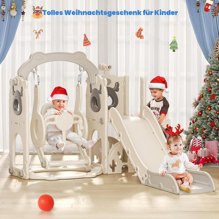 Krovtoy 6-in-1-Kleinkindrutsche, Kleinkindrutsche mit Weihnachtselchmotiv und Schaukelset, Babyrutsc