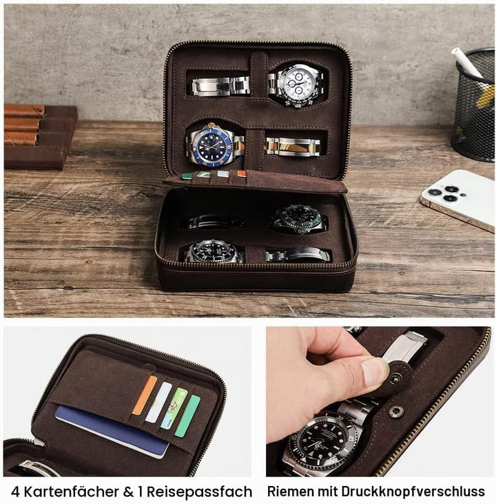 Hiram Multifunktionales Uhrenetui für 4 Uhren, tragbar, echtes Leder, Uhren-Organizer-Box für Damen