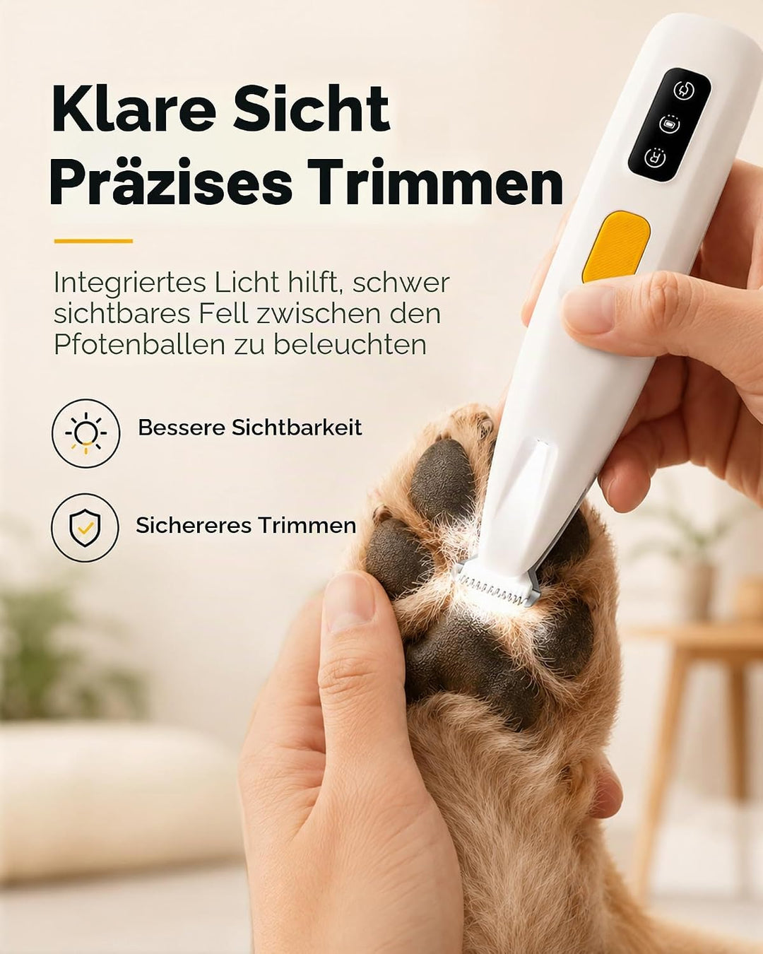 Pfotentrimmer für Hunde & Katzen mit LED-Licht – 18 mm breite Klinge, 35 dB leise, LED-Anzeige, wass