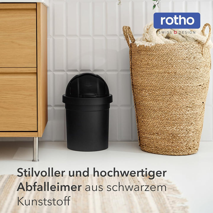 Rotho Roll Bob runder Mülleimer mit Deckel 10l, Kunststoff, schwarz, 10 l (26,5 x 26,5 x 39,5 cm) 10