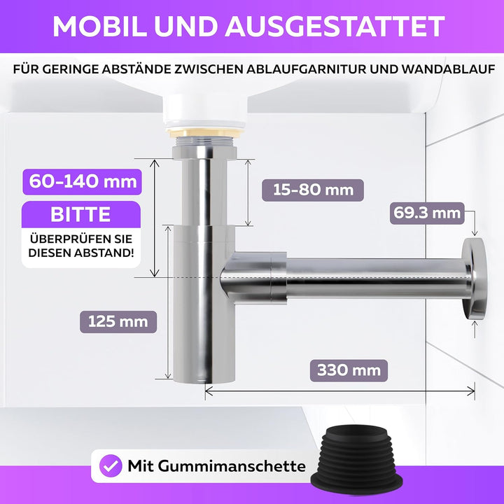 Siphon Röhrensiphon/Sifon Badezimmer/Bad/Geruchsverschluss (Chrom Design 2er-Set), Chrom Design 2er-