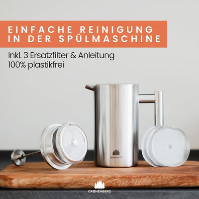 Groenenberg French Press aus Edelstahl | 0,6 Liter (3 Tassen) | Erhältlich in 3 Grössen | Thermo Kaf