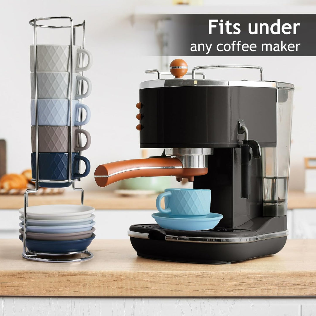 MIAMIO – 6 x 75 ml Espresso Tassen/Espressotassen Set mit Ständer Steingut Keramik - Palmanova Kolle