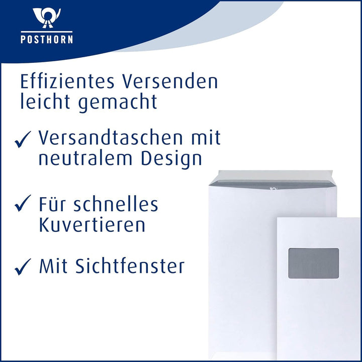 POSTHORN Versandtasche C4 (324x229x1mm) haftklebend mit Fenster 100g weiss FSC 250 Stück