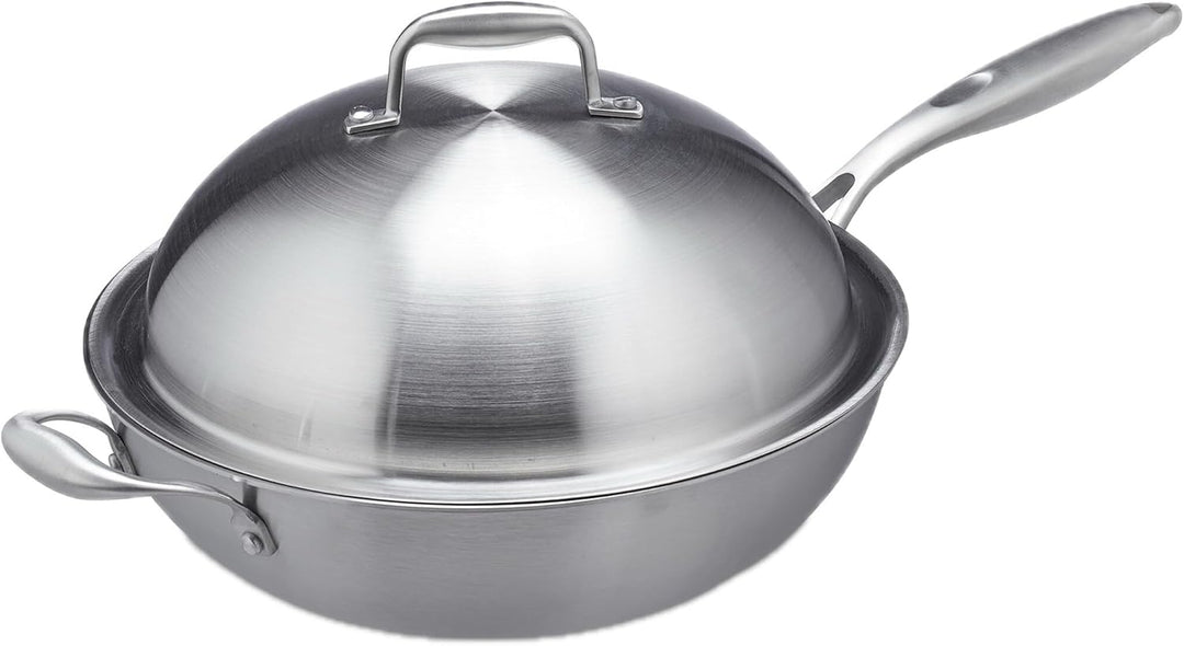 Relaxdays Wok, 32 cm, Edelstahl unbeschichtet, Gas-, Elektro-, Induktionsherd, Wokpfanne mit Deckel
