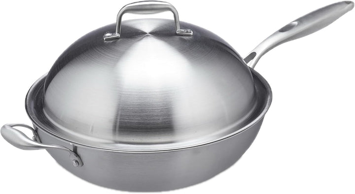 Relaxdays Wok, 32 cm, Edelstahl unbeschichtet, Gas-, Elektro-, Induktionsherd, Wokpfanne mit Deckel