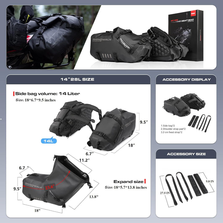 Rhinowalk Motorrad-Satteltaschen Gepäckträgertasche 28L (14L*2) wasserdichte Anti-Vibrations-Motorse