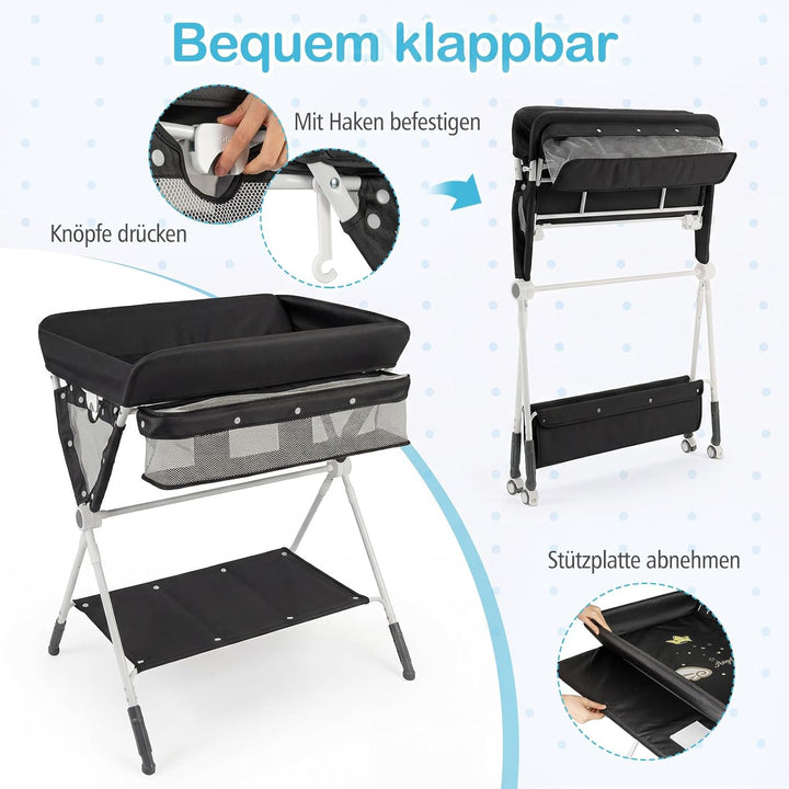 COSTWAY 3 in 1 Wickeltisch klappbar, mobile Wickelkommode mit Rollen, Wickelstation höhenverstellbar