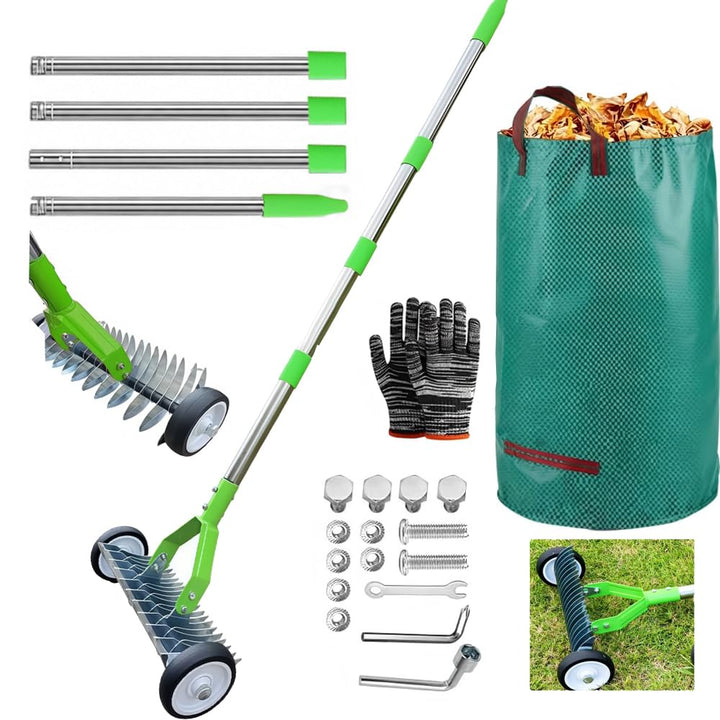 Handvertikutierer mit Rollen,Vertikutierrechen mit Stiel 163cm,Vertikutierer Rechen Hand mit Gartena