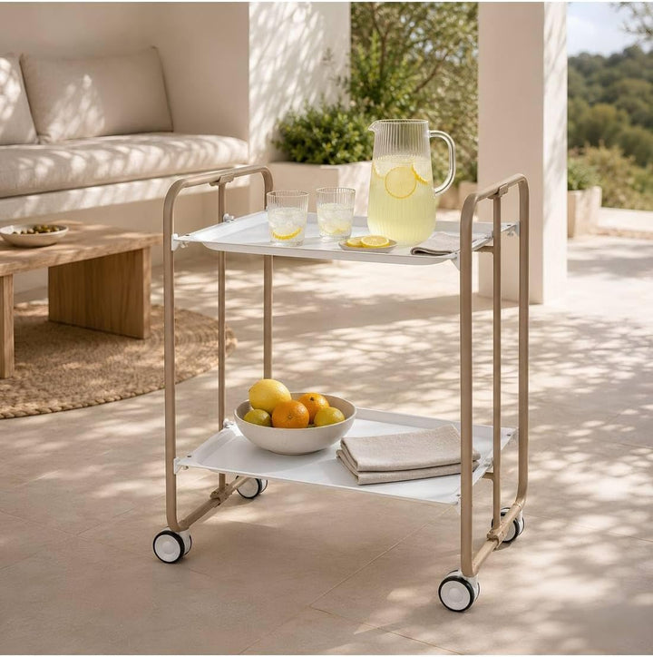 DON HIERRO - Servierwagen Sandfarbe, klappbar, 2 Böden. Rollwagen Bauhaus-Weiss 66 x 43 x 72 cm. Bia