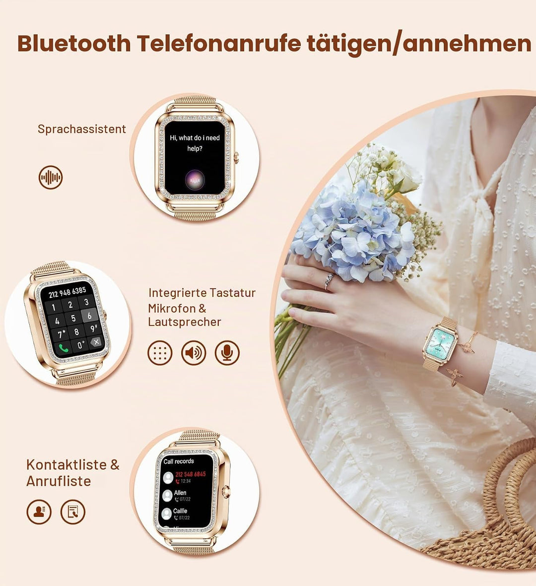 Lefitus Smartwatch Fitness Damen Smart Watch mit Bluetooth Anruf Antwort Freisprecheinrichtung 1,60