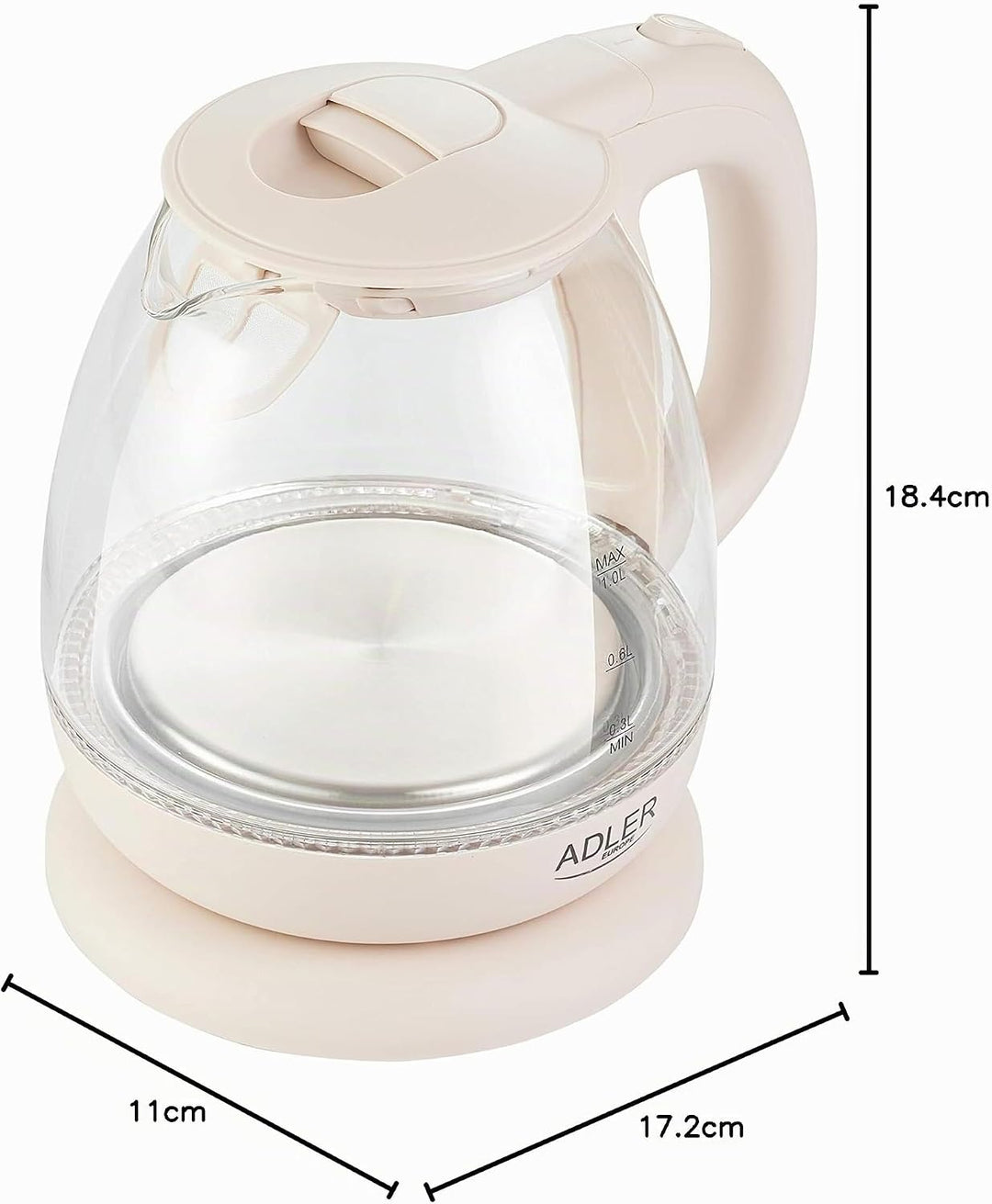 adler AD 1238 Elektrischer Wasserkocher aus Glas, klein, 1 l, 1100 W, LED-Beleuchtung, 1 Liter, Beig