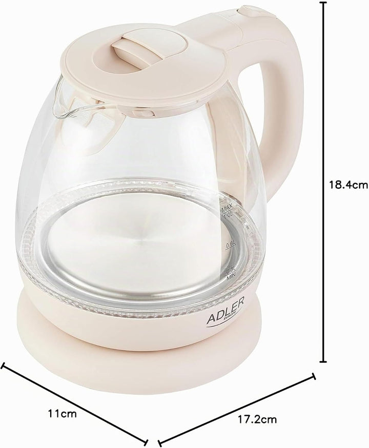 adler AD 1238 Elektrischer Wasserkocher aus Glas, klein, 1 l, 1100 W, LED-Beleuchtung, 1 Liter, Beig