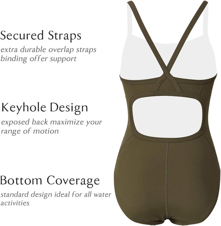 SYROKAN Damen Sport Badeanzug One Piece Trainings Profi Einteiler Bademode mit Cups, Dunkle Olive