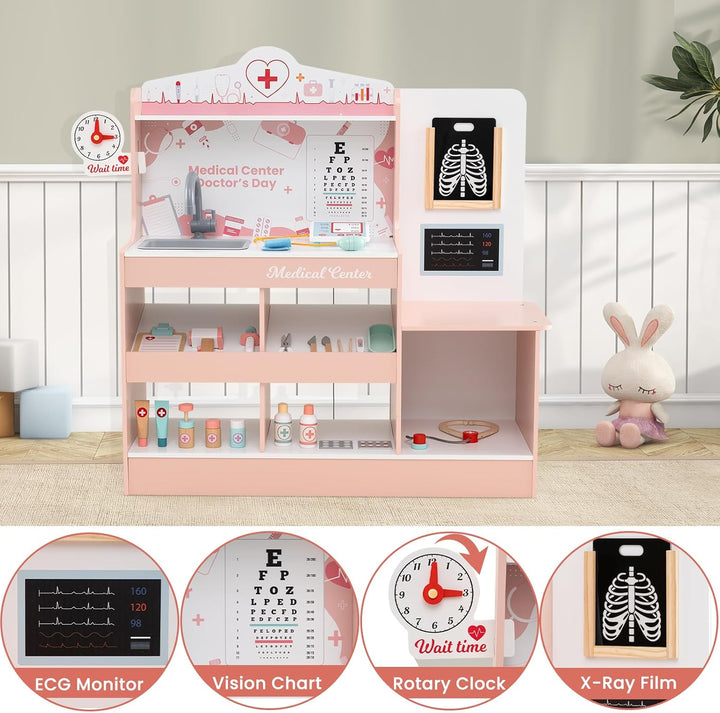 HOMASIS Arzt-Set aus Holz, Arzt-Set für Kinder mit Waschbecken, Sichtprüfung, Elektrokardiogramm, Uh