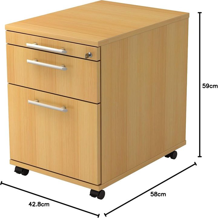 Bümö® Rollcontainer mit 2 Schüben & Schloss | Bürocontainer aus Holz | Tischcontainer mit Hängeregis